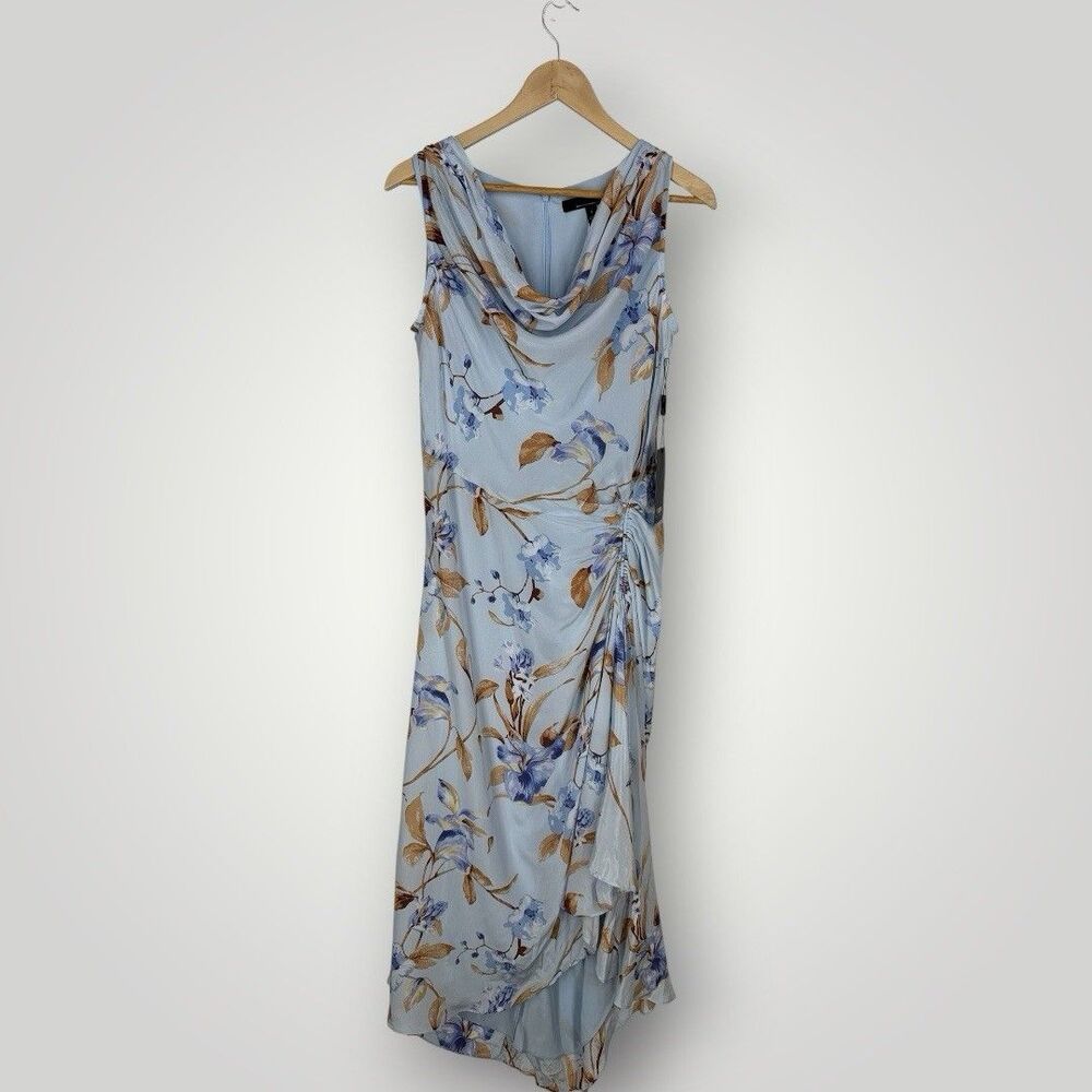 WHBM New Marissa Light Blue Long Garden Floral Dress Cowl Neckline Ruched Side 6 - Picture 2 of 7